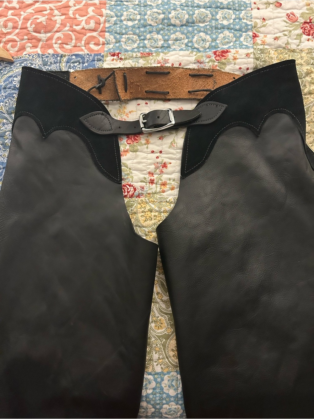 Black Leather Women's Chaps with Buckle Waist
